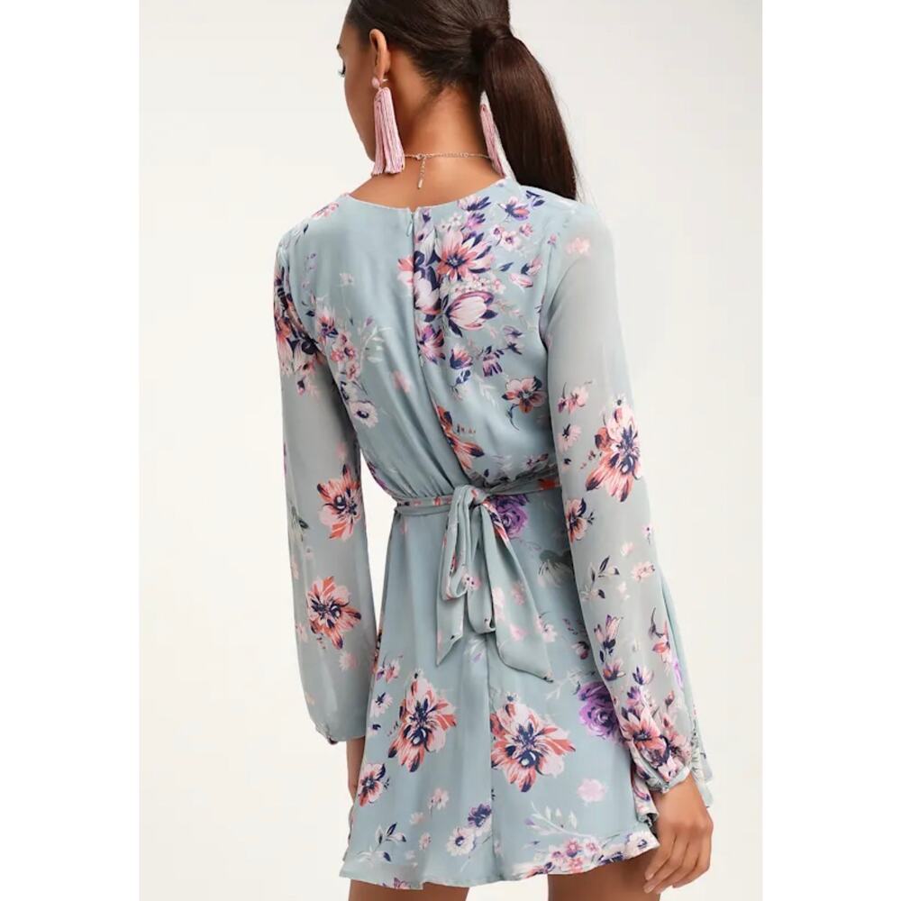 New Lulus Always Yours Light Blue Floral Print Long Sleeve Skater Dress Sz L - Picture 2 of 7
